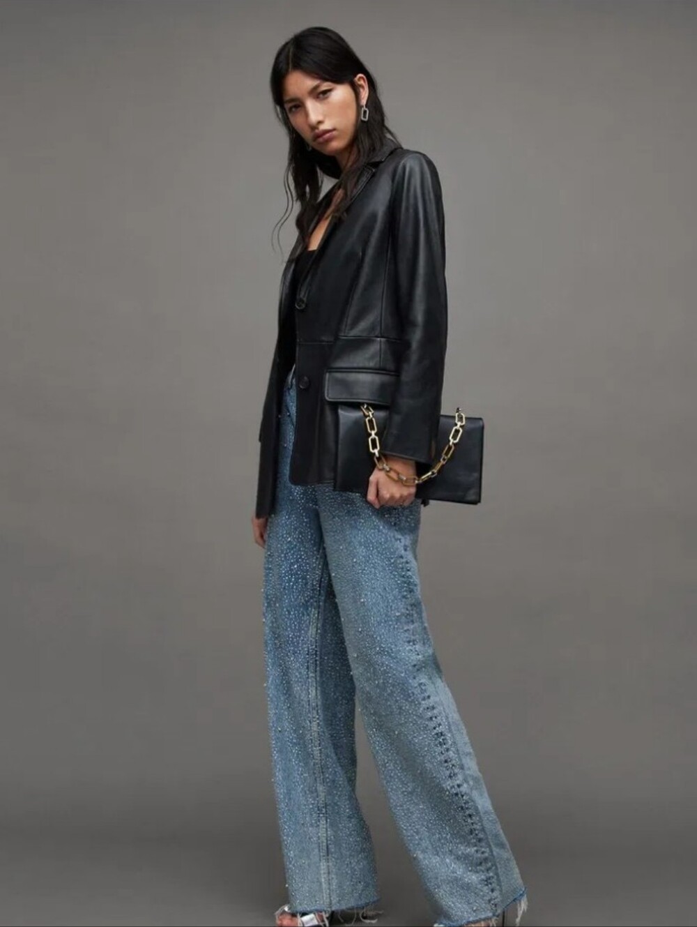 NWT $499 AllSaints Corrinna Black Leather Blazer Jacket